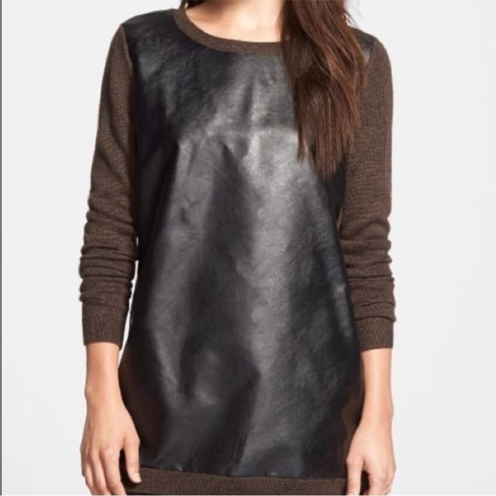Halogen Sweater Medium Faux Leather Grunge Merino Wool Sweater‎ Raglan Sleeves